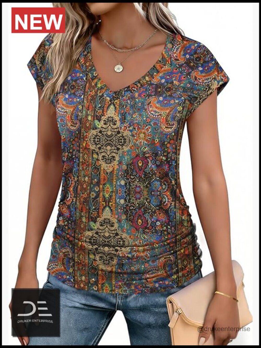 Ruched V-Neck Cap Sleeve Tunic Top with Side Shirring
